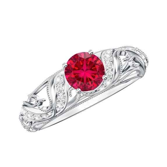 Rosec Jewels Created Ruby Vintage Inspired Ring with Diamond for Women (AAAA Grade), 18K White Gold, US 7.00