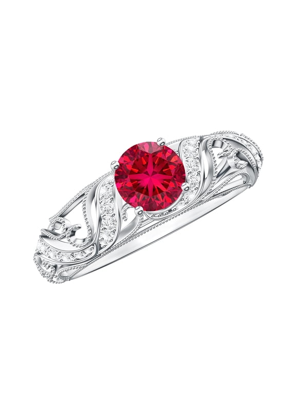 Created Ruby Vintage Inspired Ring with Diamond for Women (AAAA Grade), 925 Sterling Silver, US 4.00