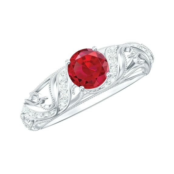 Rosec Jewels Created Ruby Vintage Inspired Ring with Diamond for Women (AAAA Grade), 925 Sterling Silver, US 4.00