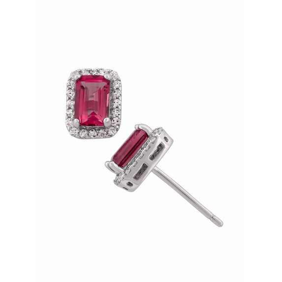 Created Ruby and CZ Sterling Silver Emerald-Cut Halo Stud Earrings