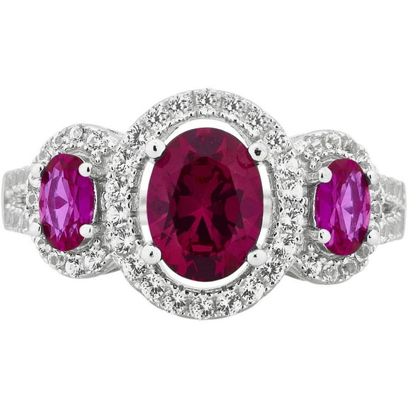 Created Ruby and White Sapphire Gemstone Sterling Silver Three Stone Oval Frame Ring