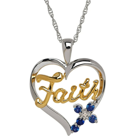 Created Sapphire "Faith" Heart Pendant in Gold Plating over Sterling Silver, 18" Necklace