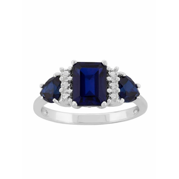 Created Sapphire Sterling Silver Side Trillions and Emerald-Cut Center Three-Stone Ring