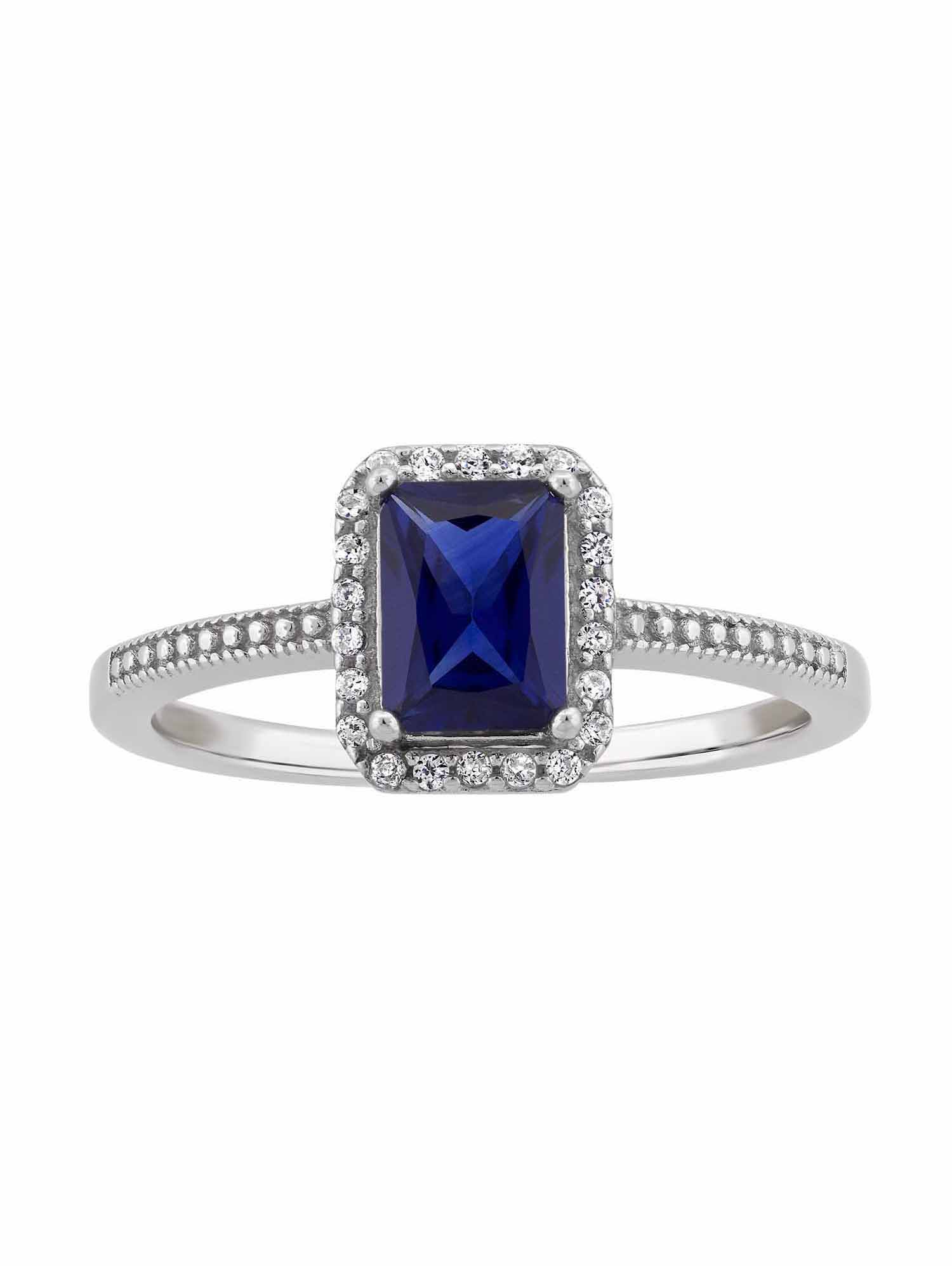 Created Sapphire and CZ Sterling Silver Emerald-Cut Halo Ring - image 1 of 2