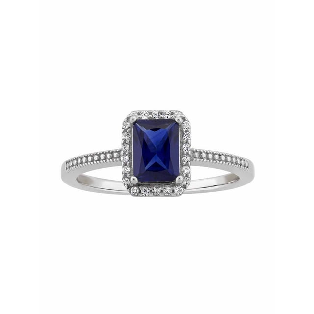 Created Sapphire and CZ Sterling Silver Emerald-Cut Halo Ring