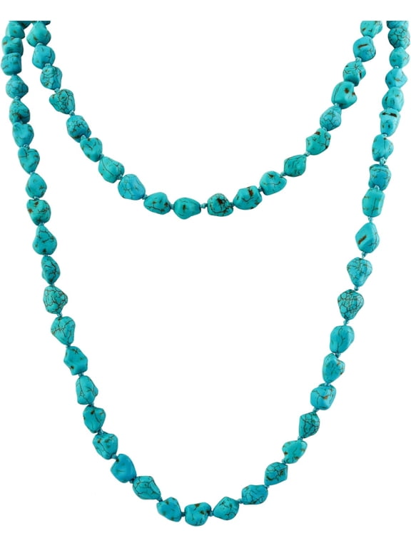 Created Turquoise Long Necklace, Irregular Shape Beads, Bohemian Vintage Ethnic Style Jewelry for Women