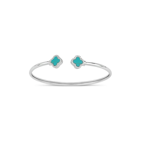Created Turquoise and CZ Sterling Silver Rhodium-Plated 3mm Flower Memory Bangle