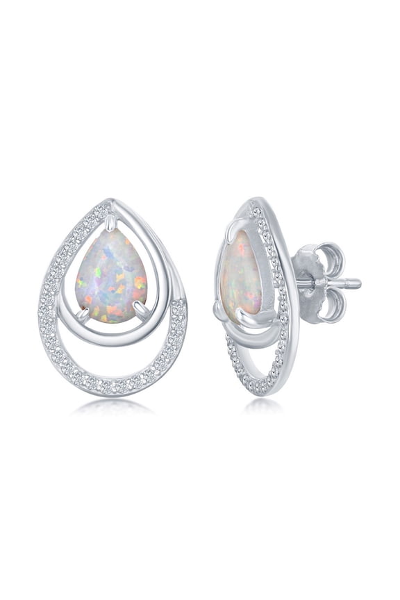 Created White Opal Double Pear-Shaped with White Cubic Zirconia Sterling Silver Stud Earrings Jewelry for Women or Teens