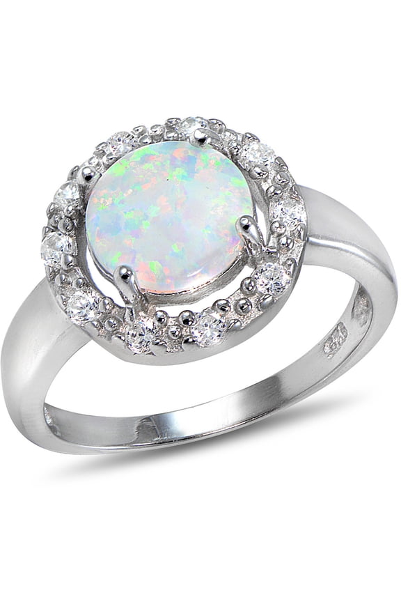 Created White Opal and CZ Sterling Silver Round Ring