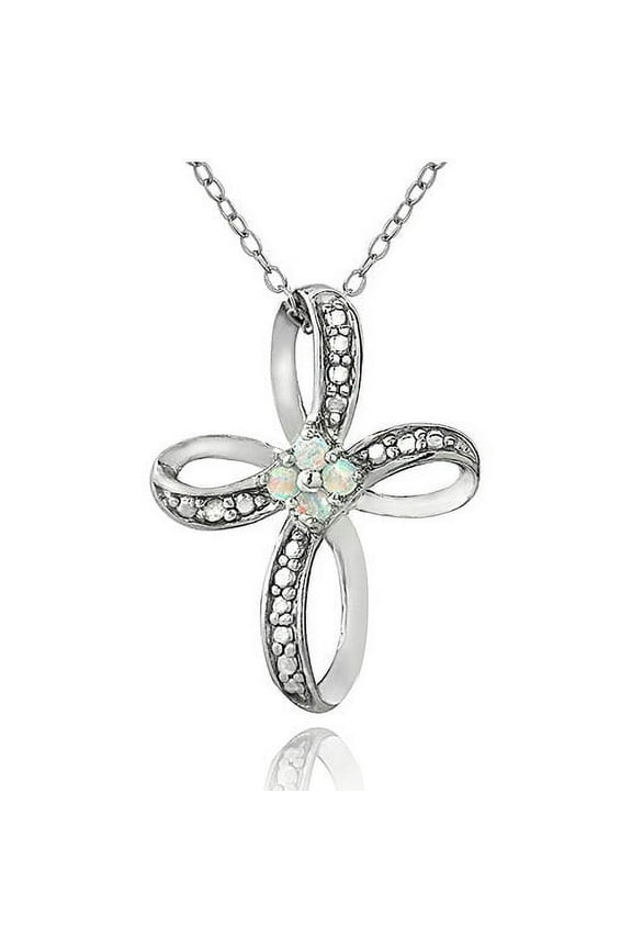 Created White Opal and Diamond Accent Sterling Silver Cross Pendant, 18"