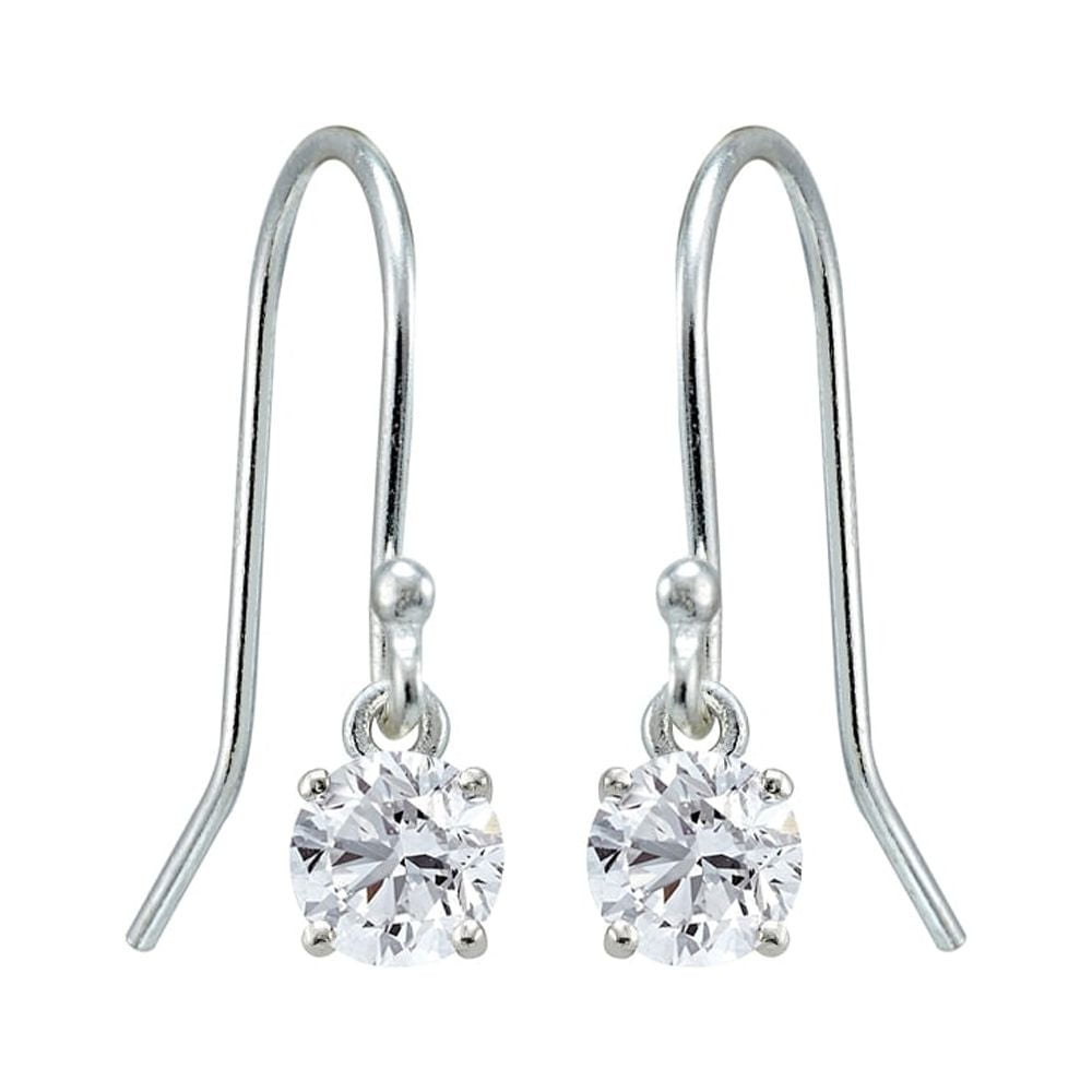 Created White Sapphire 5mm Round Small Solitaire Sterling Silver Dangle Earrings