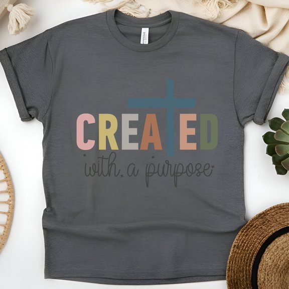 Created With A Purpose Christian T-Shirt | Cross Faith Graphic Tee, Dark Heather, Size S