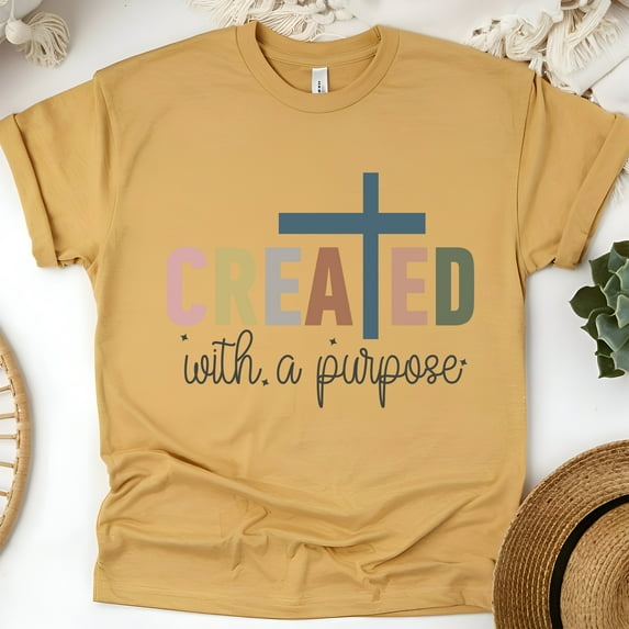 Created With A Purpose Christian T-Shirt | Cross Faith Graphic Tee, Gold, Size L