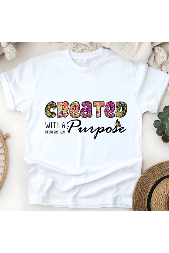 Created With A Purpose Christian T-Shirt | Proverbs 16:4 Scripture Tee, White, Size XL