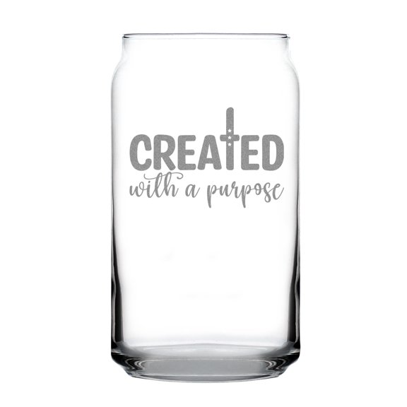 Created with a Purpose 16oz Can-Shaped Pint Glass, Hand Engraved Etched Drinkware, Inspirational Glassware