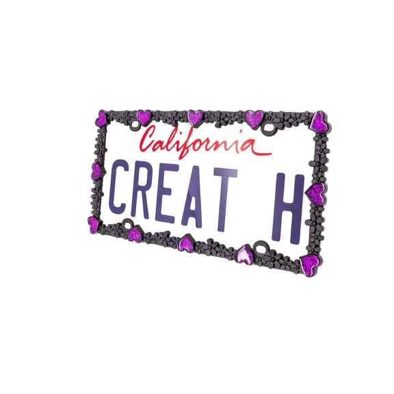 Creathome 3D Shining Daisy Heart License Plate Frame from Pure Zinc Alloy Metal Perfect Plate Holder, Matt Black with Purple Glitter, Luminously Heart