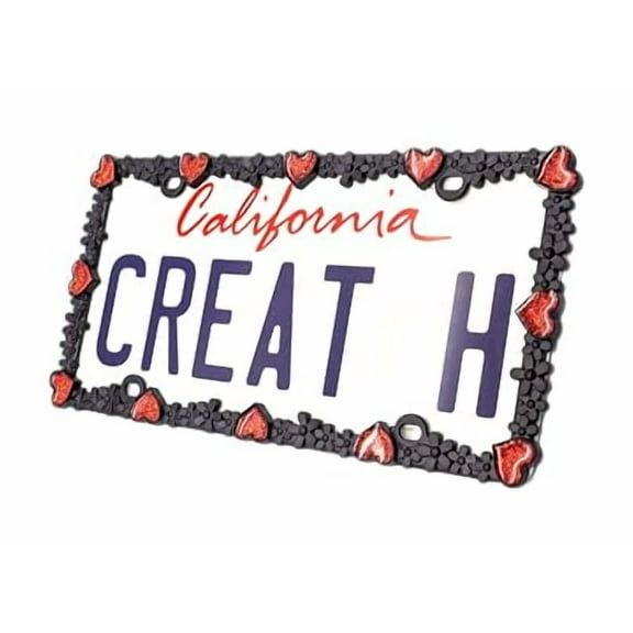Creathome 3D Shining Daisy Heart License Plate Frame from Pure Zinc Alloy Metal Perfect Plate Holder, Matt Black with Red Glitter, Luminously Heart