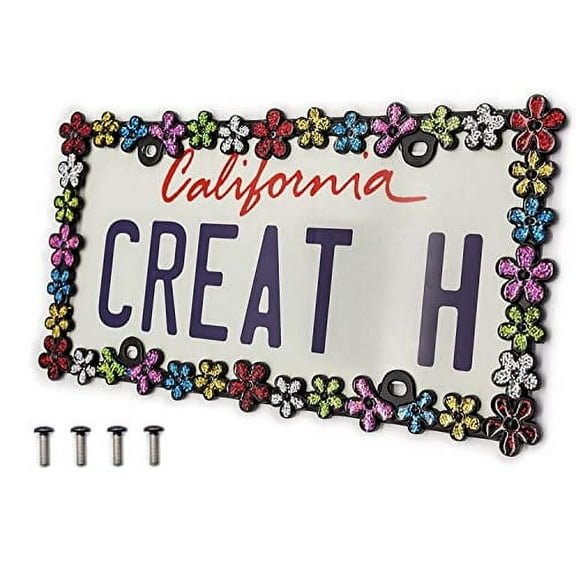 Creathome 3D Shining Daisy Wrenth License Plate Frame from Pure Zinc Alloy Metal Perfect Plate Holder, Matt Black with Colorful Glitter