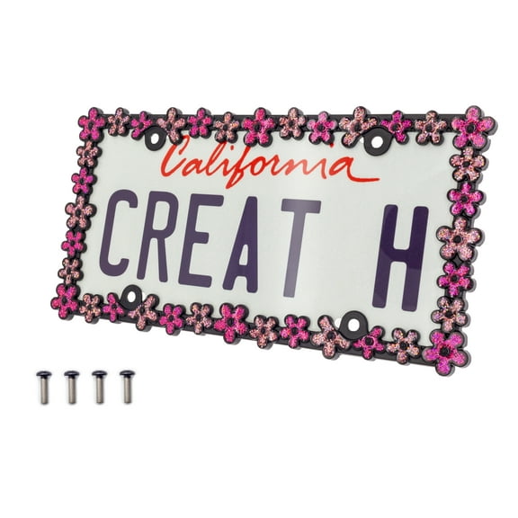 Creathome 3D Shining Daisy Wrenth License Plate Frame from Pure Zinc Alloy Metal Perfect Plate Holder,Matt Black with PInk Glitter