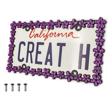 Creathome 3D Shining Daisy Wrenth License Plate Frame from Pure Zinc Alloy Metal Perfect Plate Holder,Matt Black with Purple Glitter