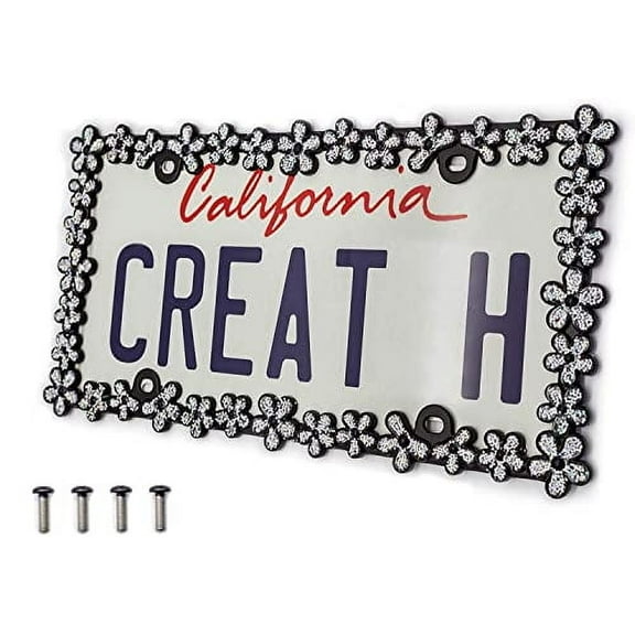 Creathome 3D Shining Daisy Wrenth License Plate Frame from Pure Zinc Alloy Metal Perfect Plate Holder,Matt Black with Silver Glitter