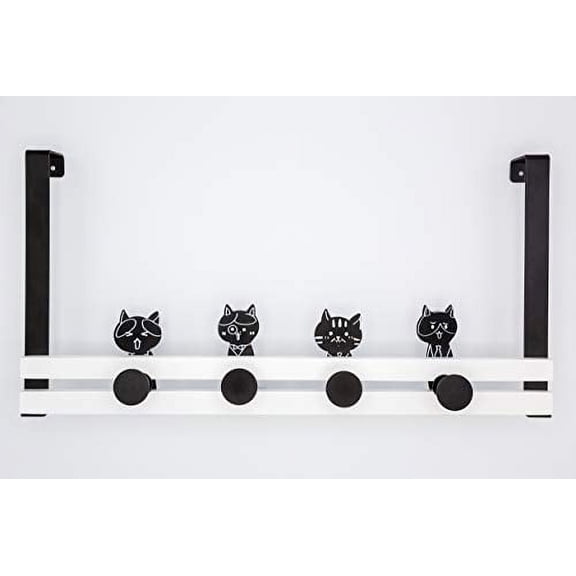 Creathome Over The Door Rail with 4 Peg Hooks, Lovely Cat Pattern, Black and White Style