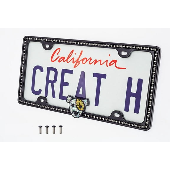 Creathome Shining Dog Pattern Diamond Chain License Plate Frame from Pure Zinc Alloy Metal Perfect Plate Holder, Matt Black with Classic Diamond Chain