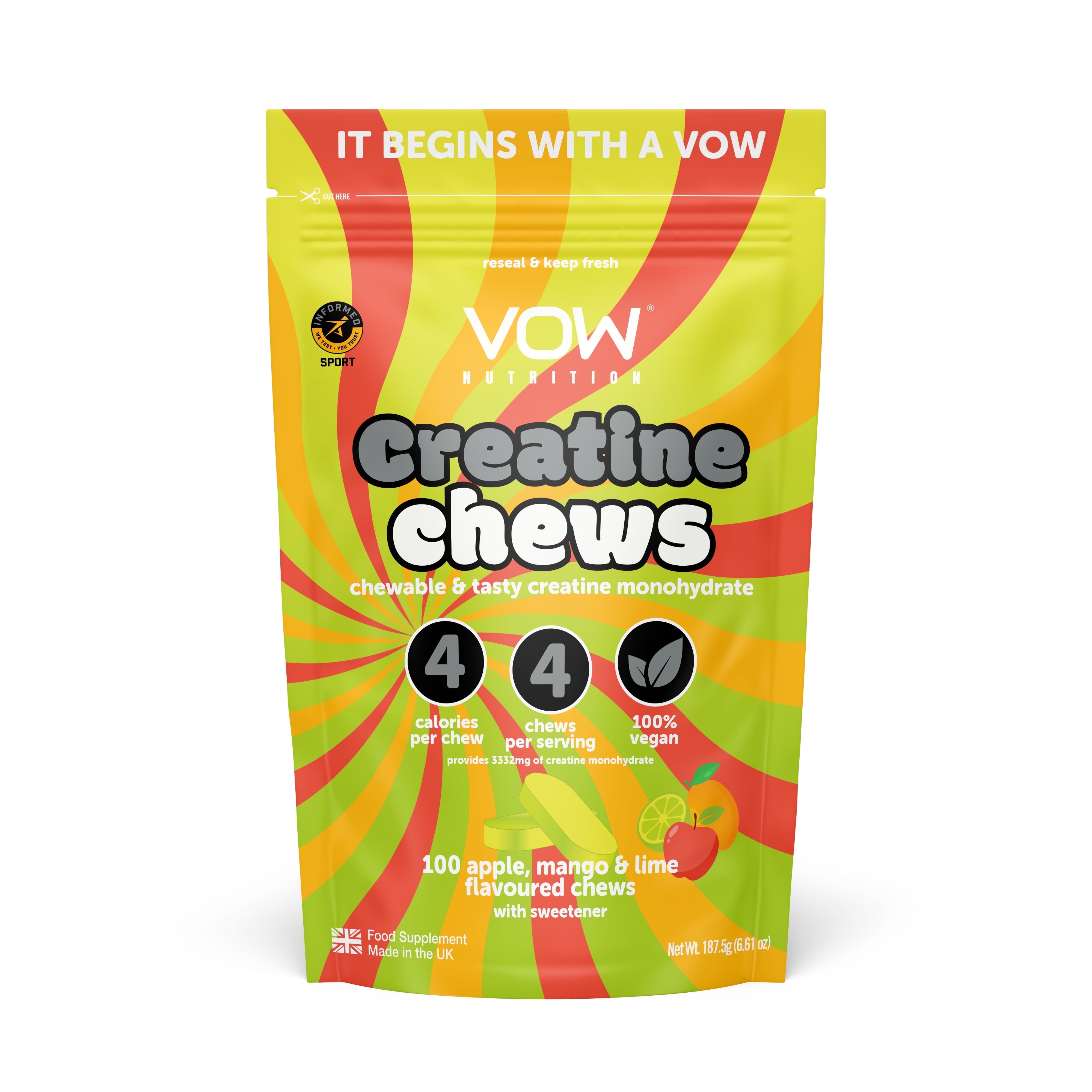 VOW Nutrition Creatine Chews, Apple, Mango and Lime, 100 Count