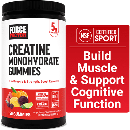 Force Factor Creatine Monohydrate Gummies, NSF Certified, 5g Dose for Men & Women to Support Muscle, Strength, Recovery, Cognitive Health & Memory, Assorted Fruit Flavors, 150 Gummies
