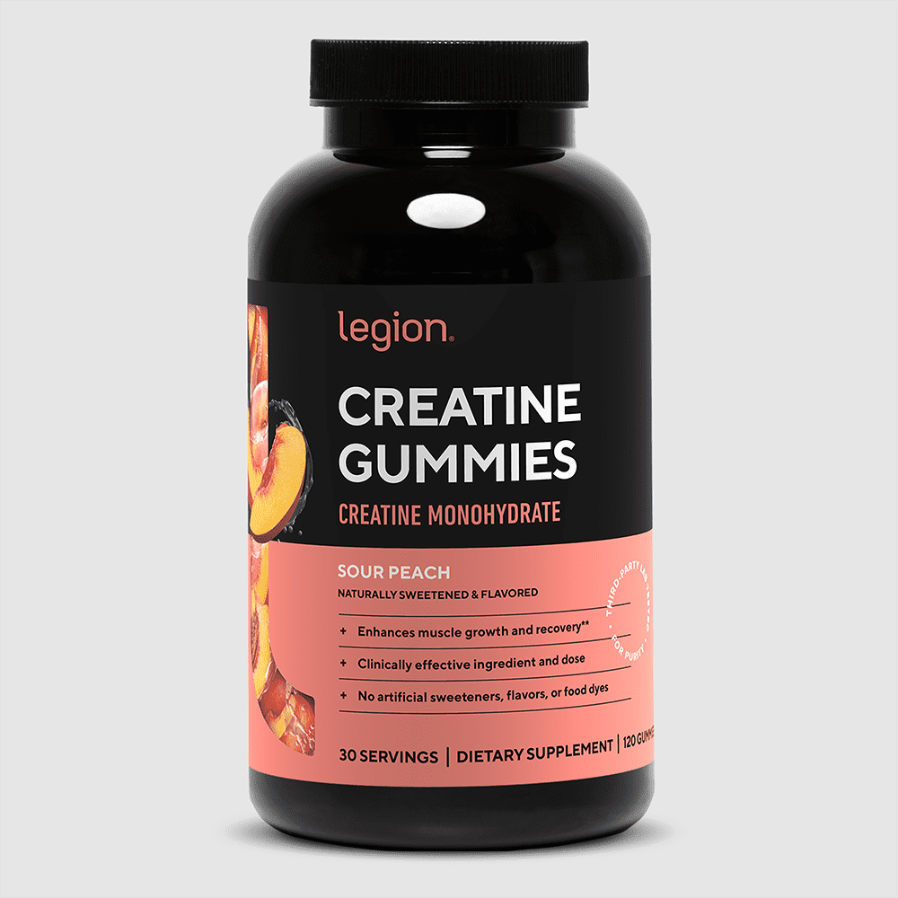 Legion Creatine Gummies for Men & Women, Sour Peach, 5g Creatine Per Serving, Zero Sugar, 120 Count, 30 Servings