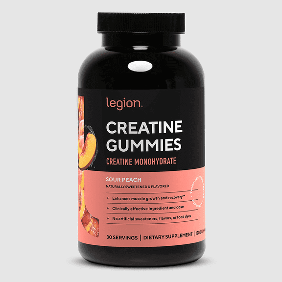 Legion Creatine Gummies for Men & Women, Sour Peach, 5g Creatine Per Serving, Zero Sugar, 120 Count, 30 Servings