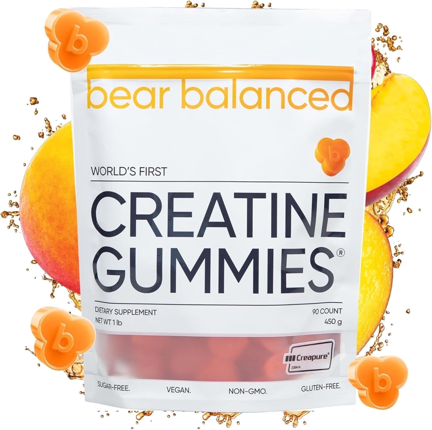 Bear Balanced Creatine Gummies, Muscle Growth Support for Men and Women, Peach Mango, 90 Count