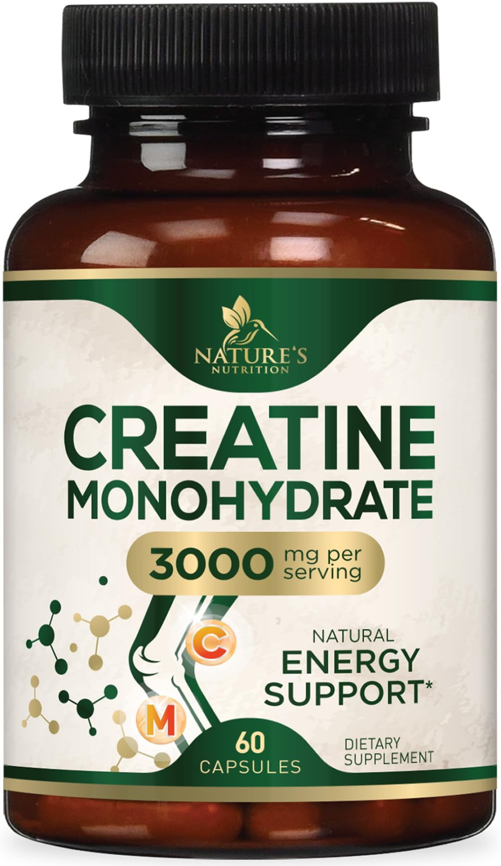Creatine Monohydrate Capsules 3000mg  Best Micronized Creatine Powder - Supports Lean Muscle, Strength, Energy, & Endurance - Nature's Supplement, Non-GMO, Gluten Free for Women & Men - 60 Capsules