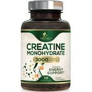 Creatine Monohydrate 3000mg Per Serving   Micronized Creatine Powder Capsules - Supports Lean Muscle, Strength, Energy, Endurance - Natures Supplement, Non-GMO, Bottled in USA - 120 Capsules