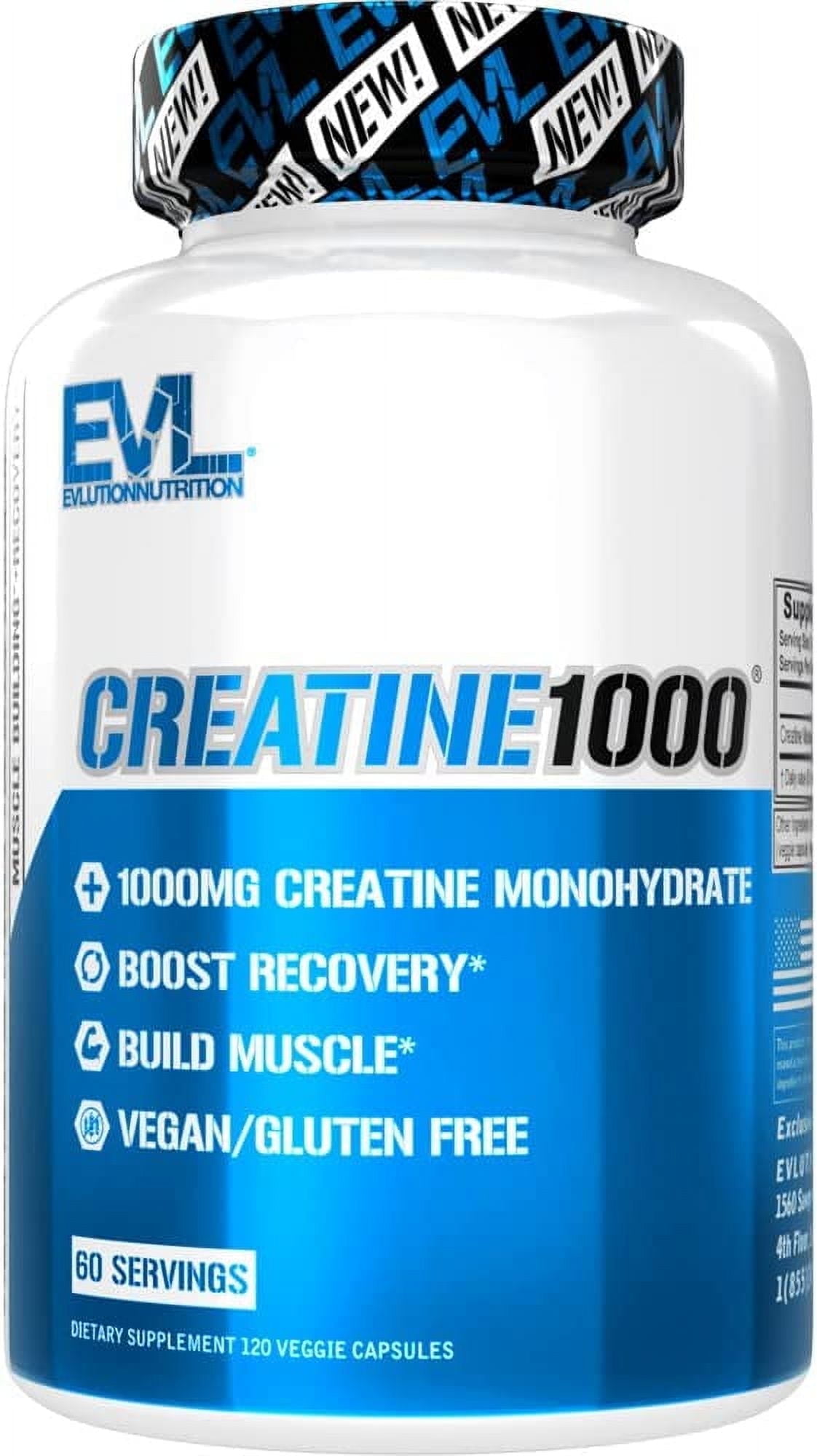Creatine Monohydrate Pills 120ct - EVL Nutrition Muscle Builder & Recovery Supplement - Creatine Capsules 1000mg
