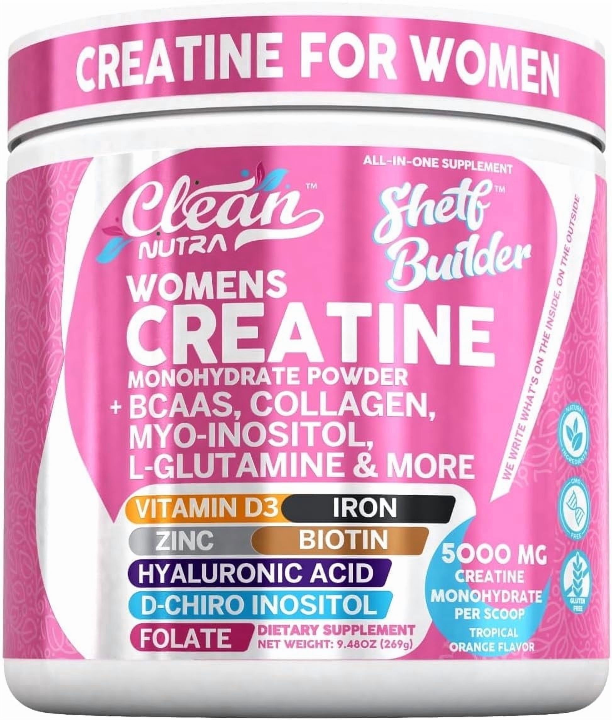 Creatina para Mujeres | Monohidrato de Creatina + BCAA en Polvo Myo-Inositol Colágeno Biotina Ácido Hialurónico Folato L Glutamina Vitamina D3 Hierro Zinc D-Chiro-Maca Digestión Builder por Clean Nutra