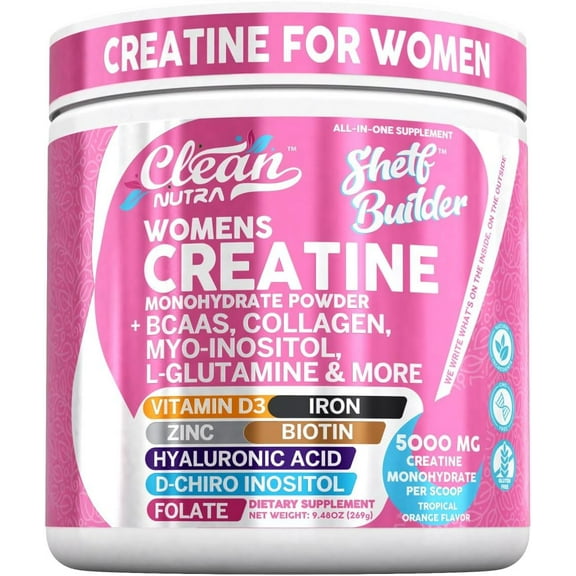 Creatine for Women | Creatine Monohydrate + BCAA Powder Myo-Inositol Collagen Biotin Hyaluronic Acid Folate L Glutamine Vitamin D3 Iron Zinc D-Chiro-Maca Digestion Shelf Builder by Clean Nutra
