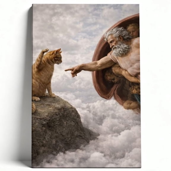 The Creation Of Adam Cat Parody Framed Canvas Wall Art - Funny Renaissance Meme Decor For Cat Lovers, Humorous God And Orange Tabby Art Print 8*12inch(20*30cm)
