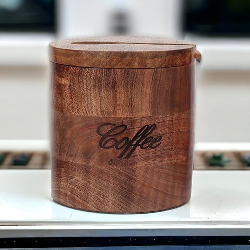 Creation India Craft Handmade Wooden Jar for Tea, Sugar & Coffee, Wooden Tea and Coffee Container, Kitchen Decor Wooden Jar - Text Engraved, Single or Multi Pack. (Coffee Jar), Brown
