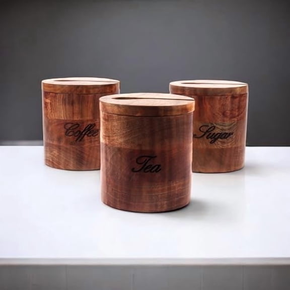Creation India Craft Handmade Wooden Jar for Tea, Sugar & Coffee, Wooden Tea and Coffee Container, Kitchen Decor Wooden Jar - Text Engraved, Single or Multi Pack. (Set of 3), Brown