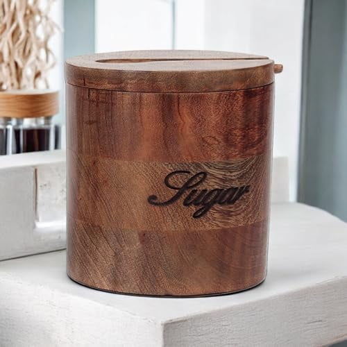 Creation India Craft Handmade Wooden Jar for Tea, Sugar & Coffee, Wooden Tea and Coffee Container, Kitchen Decor Wooden Jar - Text Engraved, Single or Multi Pack. (Sugar Jar), Brown