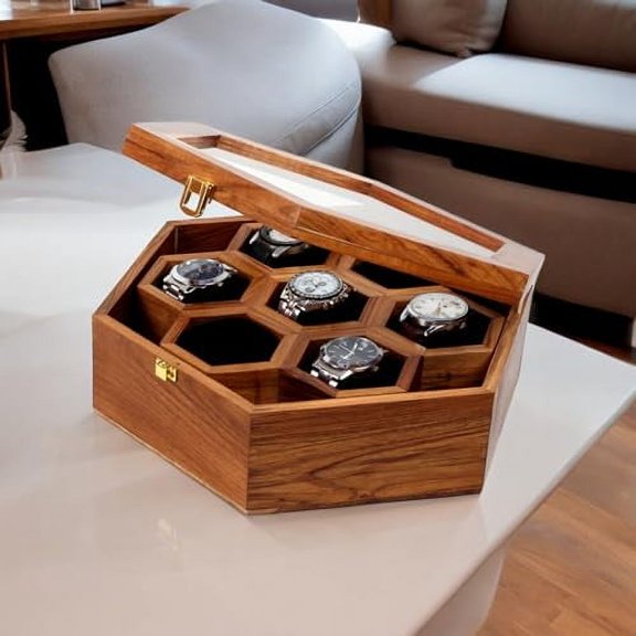 Creation India Craft Hexagonal Wooden Watch Box, Display Case, Watch Storage Organizer, Gift for Him, Jewelry Box, Gift for Her, Birthday Gift - Watch Box with Hidden Compartment for Money & Cards