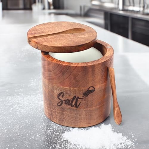 Creation India Craft Wooden Salt Box for Kitchen, Salt Cellar, Salt Jar - Hnadcrafted with Smooth Finishes, Pack of 1 (Spoon Outside), Brown