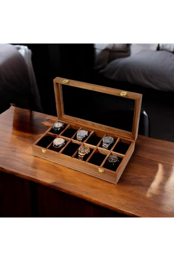 Wooden Watch Box, Storage Organizer, Display Case, Jewelry Holder, Gift for Men & Women - Teakwood Crafted, 4 to 12 Slots, Comes with Handmade Cushions (Twelve Slots), Brown