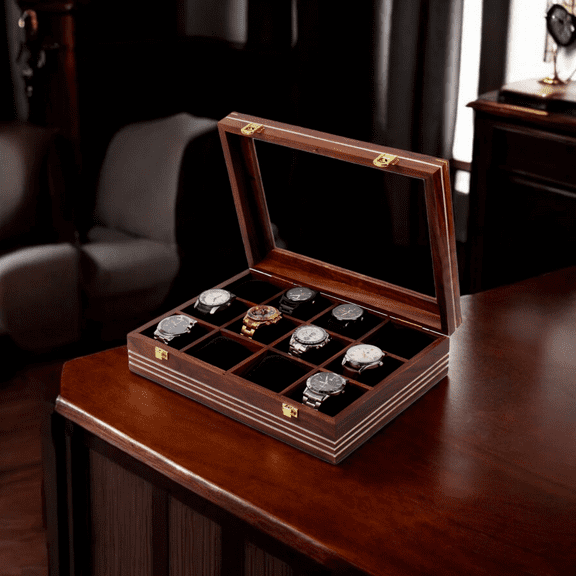Creation India Craft Wooden Watch Box, Storage Organizer, Watch Display Case, Jewelry Holder, Gift for Men & Women - Rosewood Crafted, 3-12 Slots, Handmade Cushions (Twelve Slots)