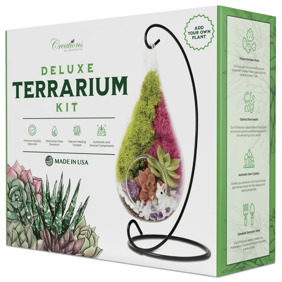 Creations by Nathalie - 7" Teardrop Glass Succulent Terrarium Kit for Kids and Adults, Reindeer Moss, Crystal & Rocks, Tools, Figurine, Metal Hanger (Live Plant Included)