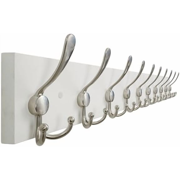 Creations White Solid Wood Wall Mounted Coat Rack, 10 Hooks, 38-1/8" Long - Kitchen, Mudroom, Entryway, Bathroom - Includes Mounting Hardware, Wall Coat Hanger, Towel Rack