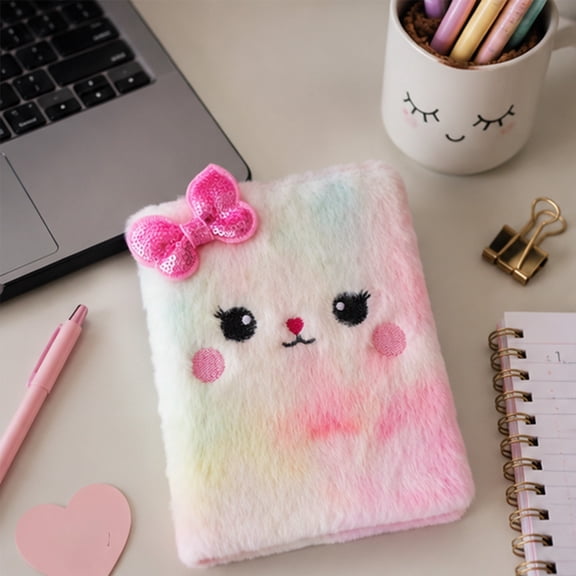 Creatitoy 80 Pages Kawaii Cartoon Cat Plush Cover Notebook, Portable Polyester Journal Diary for Writing Drawing Note Taking Birthday Gift, Multicolor Available