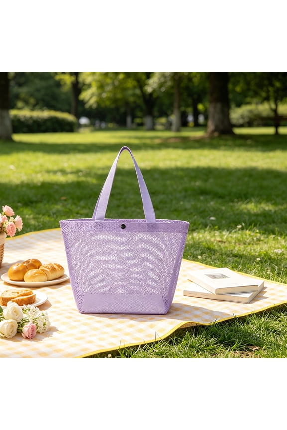 Foldable mesh beach bag with wide handle. Durable polyester material for travel, daily commute and outdoor outings. Lightweight one-shoulder storage bag for multiple scenarios.