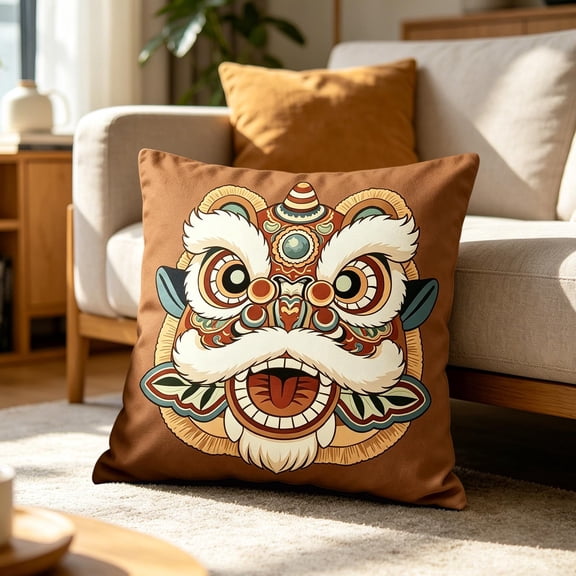 Creatitoy Traditional Lions Head Decorative Pillow Cushion Cover - 17.7x17.7in Soft Flock Pillowcase for Sofa Bed Chair Office Car Decoration